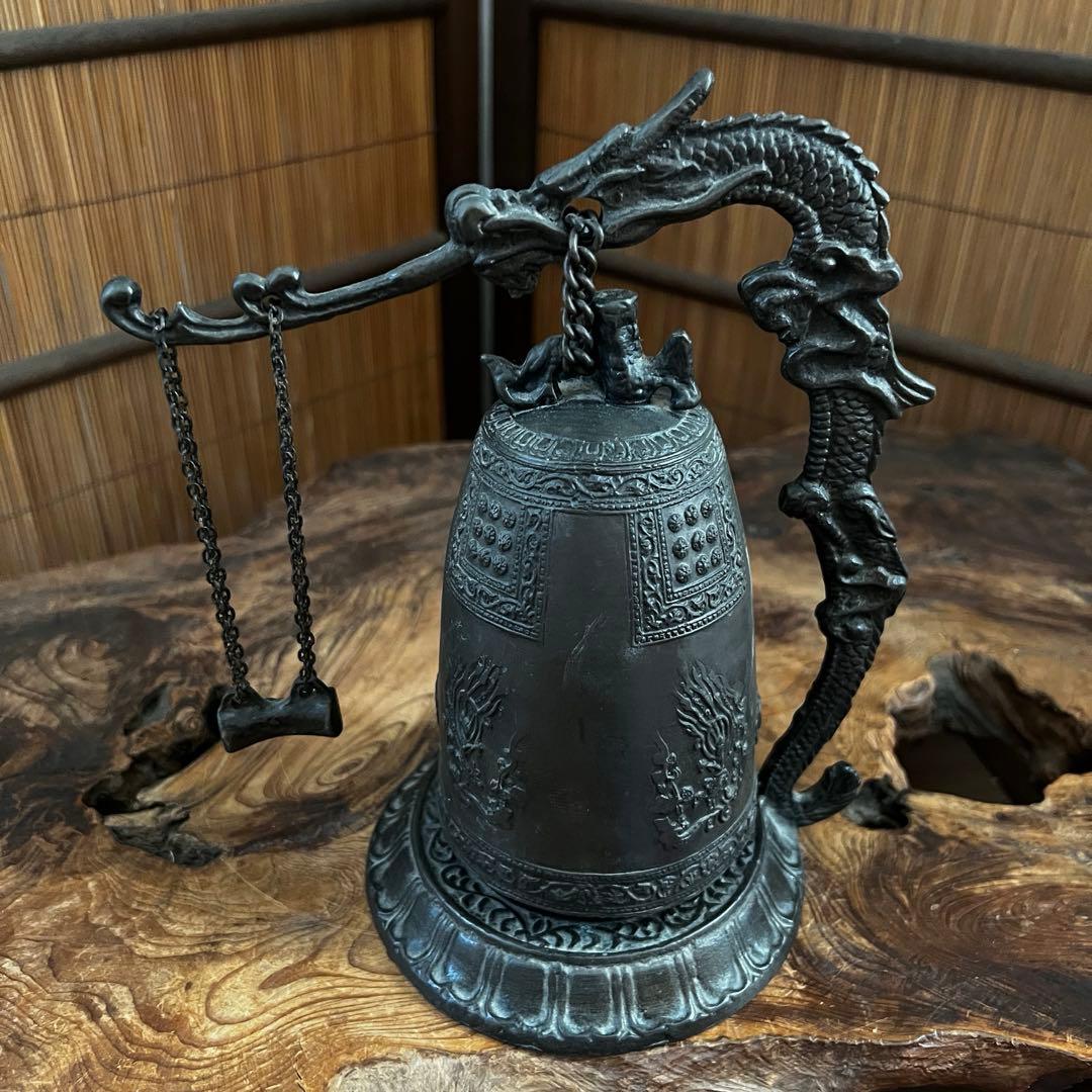 仏教美術 古銅製 釣鐘 龍台座 鳴物