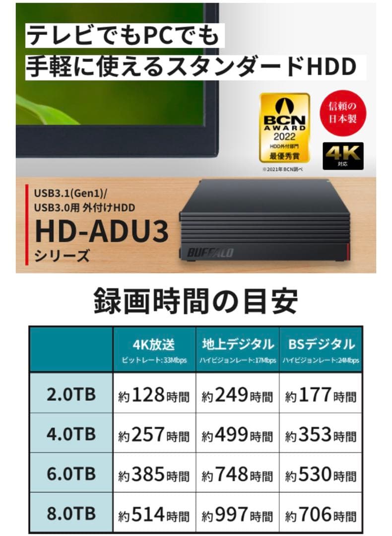 バッファロー HD-AD4U3 4TB 外付けHDD