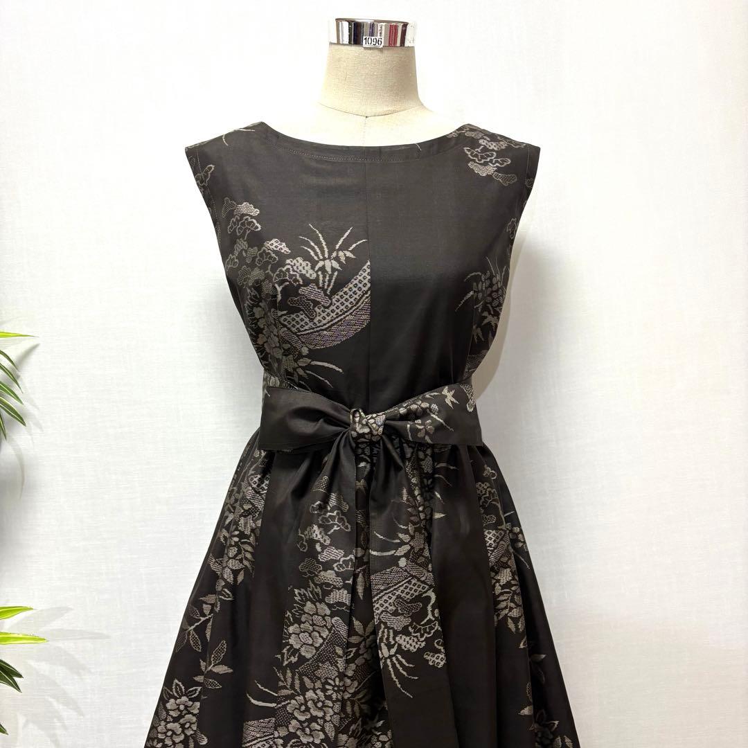 着物リメイク　大島紬花柄ワンピース　ロングジャンパースカート　ゆったりLサイズ