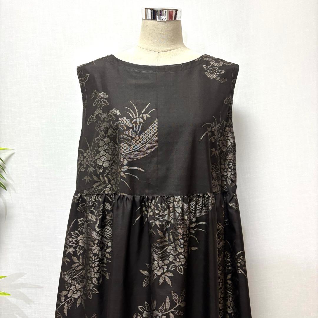 着物リメイク　大島紬花柄ワンピース　ロングジャンパースカート　ゆったりLサイズ