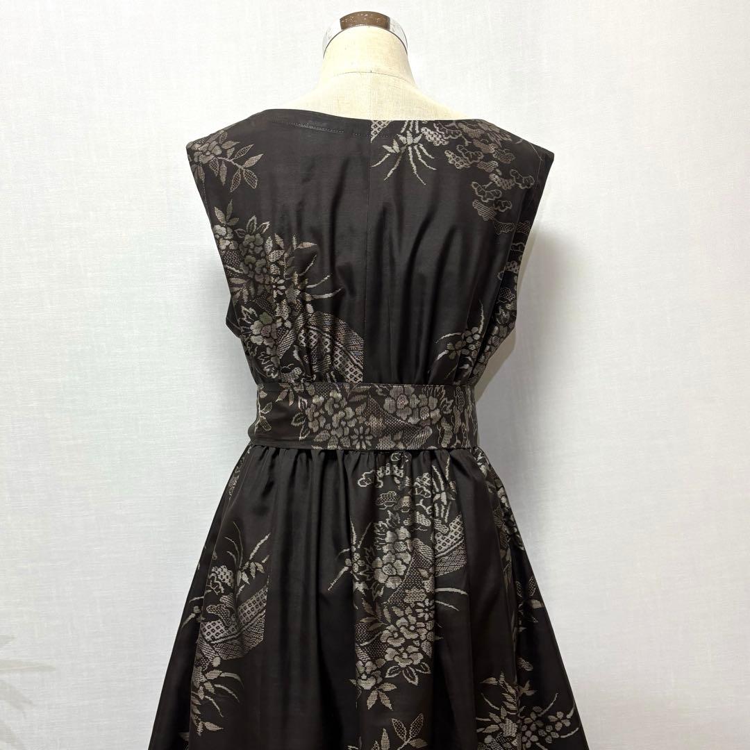 着物リメイク　大島紬花柄ワンピース　ロングジャンパースカート　ゆったりLサイズ