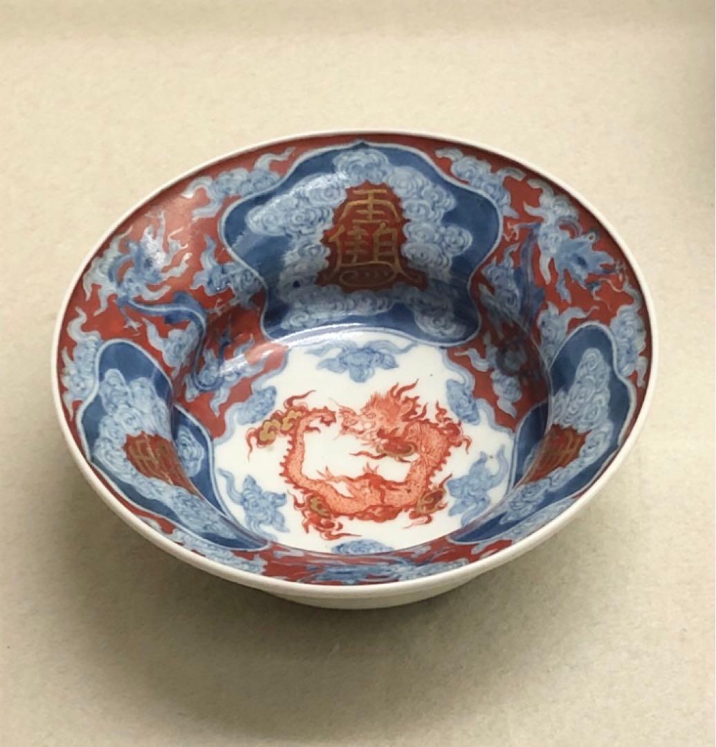 継続出品 江戸時代 有田焼 献上 古伊万里 色絵 団鳳凰雲龍文 木瓜型小鉢