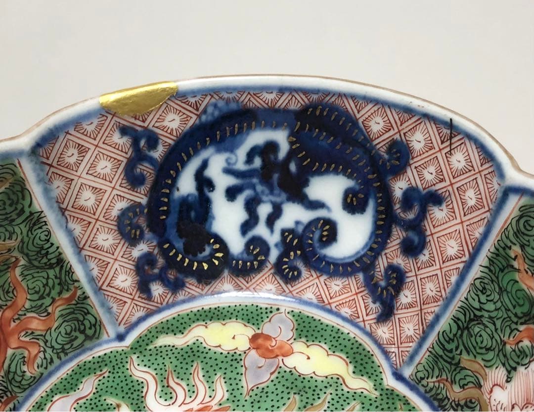 継続出品 江戸時代 有田焼 献上 古伊万里 色絵 団鳳凰雲龍文 木瓜型小鉢