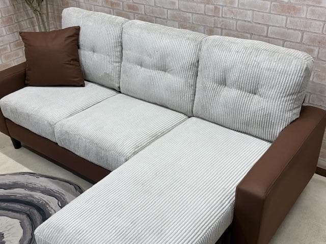 カウチソファ　３人掛け　コーデュロイ　LGY　新品　大特価