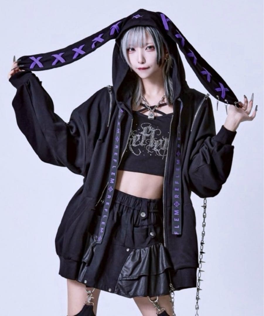 REFLEM レフレムうさ耳 うさぎジップパーカー フーディ ブラック パープル