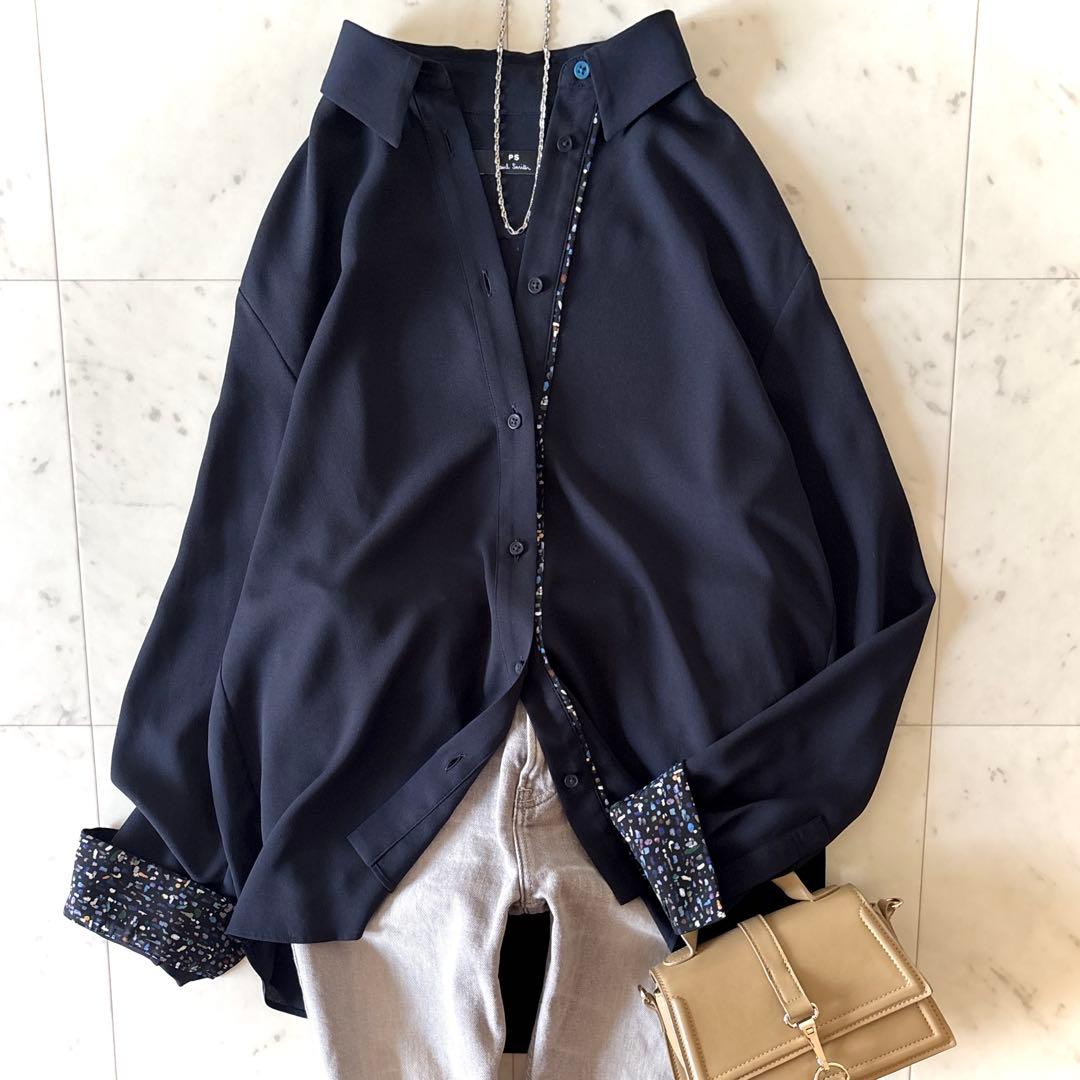 美品 ピーエス ポールスミス とろみブラウス 洗える ネイビー 42 XL 濃紺