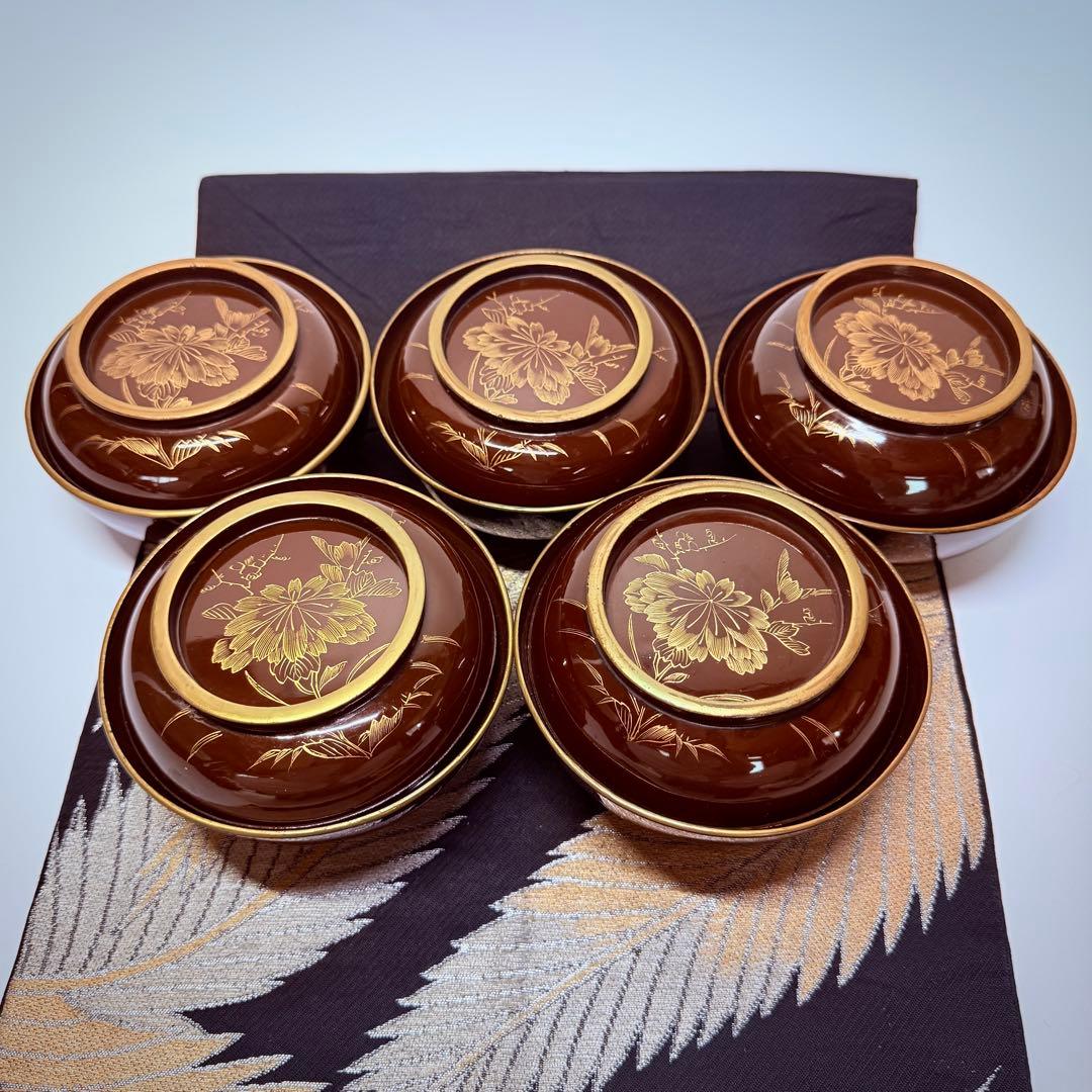 漆器　輪島塗　沈金　金蒔絵　木製　茶懐石膳　椀5客　骨董