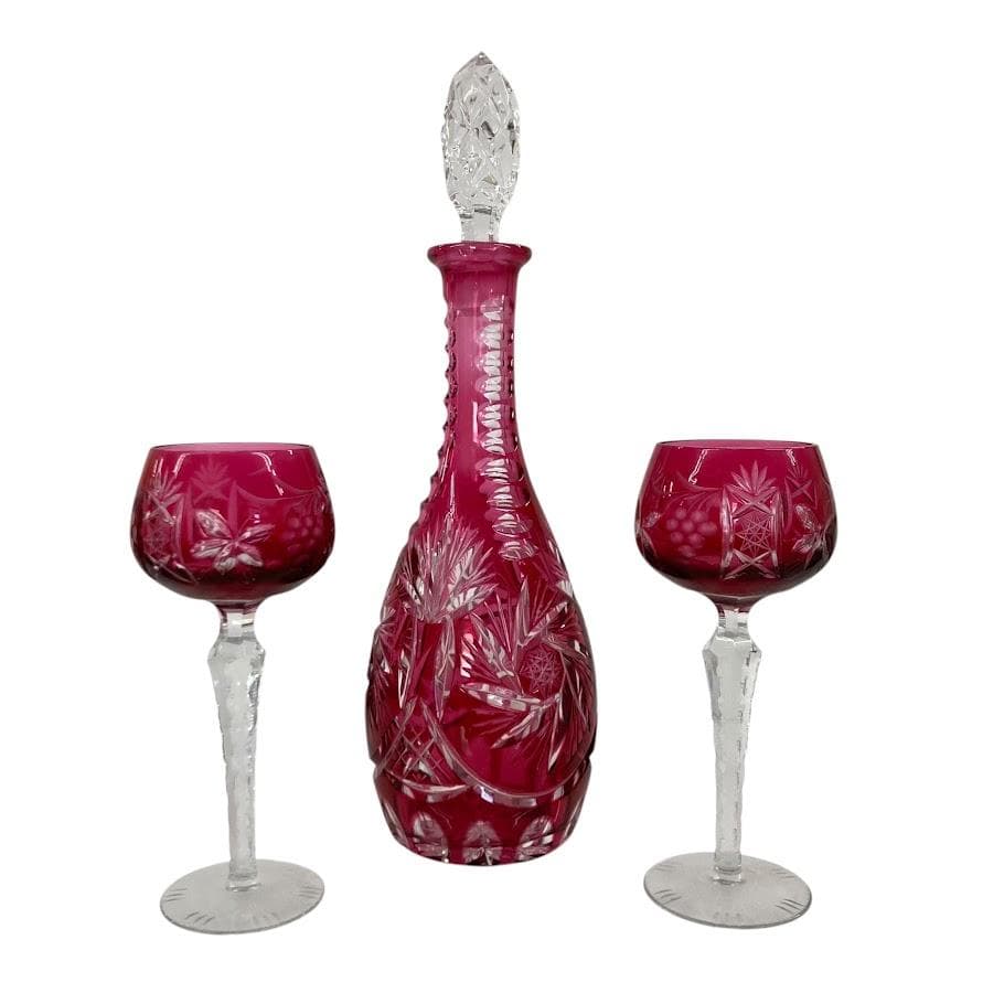 クリスタルガラス デキャンタ グラスセット 切子 クランベリー色