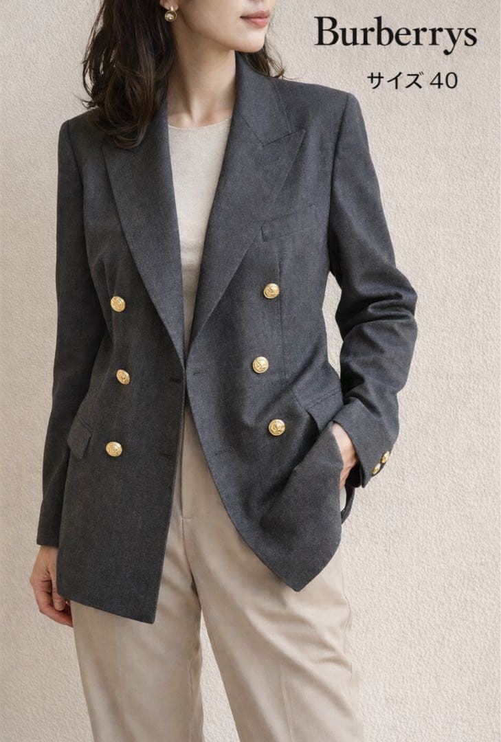 バーバリーズ　テーラードジャケット　40 グレー系　ダブル　金ボタン　カシミヤ混