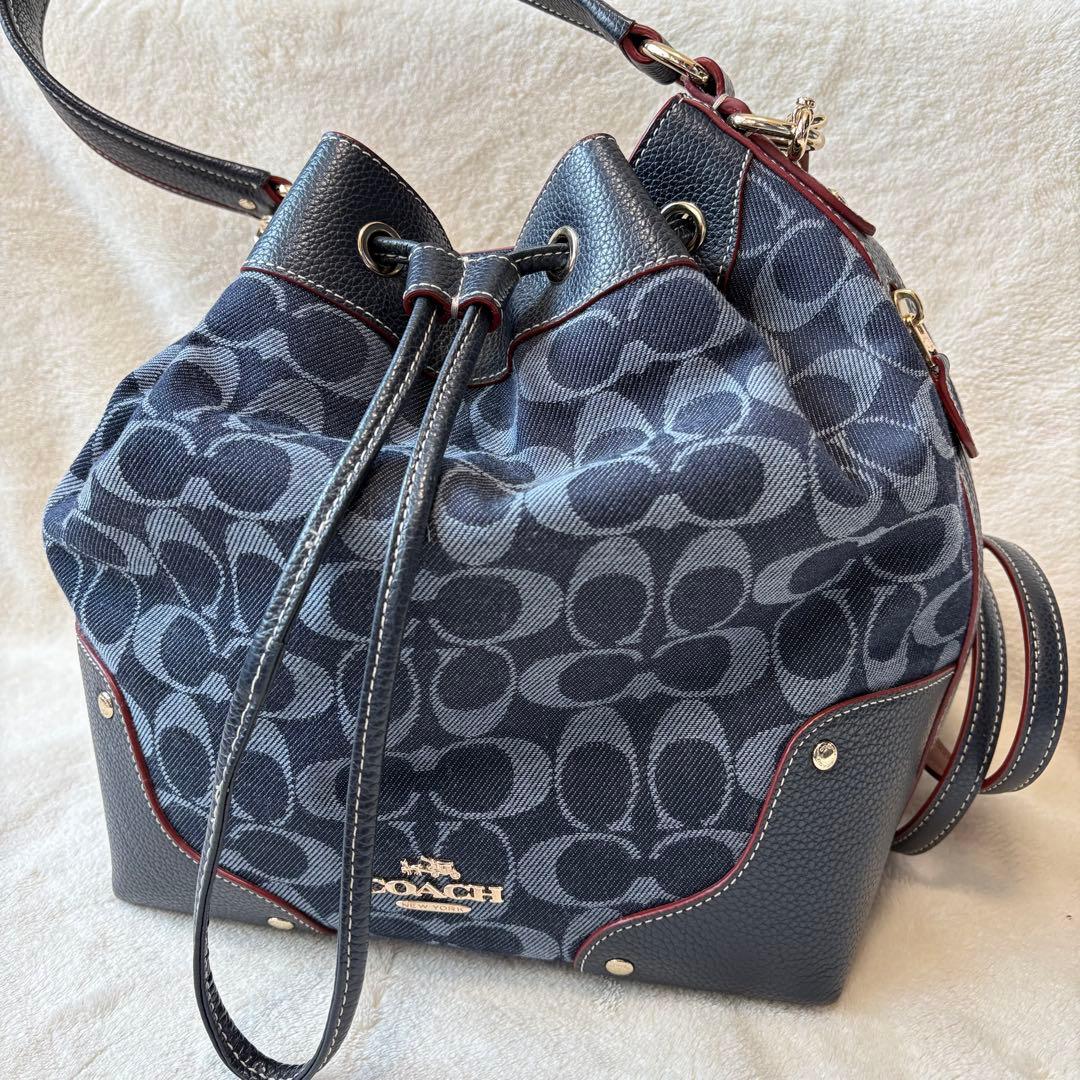 【激美品】COACH コーチ ショルダーバッグ 巾着 シグネチャー デニム