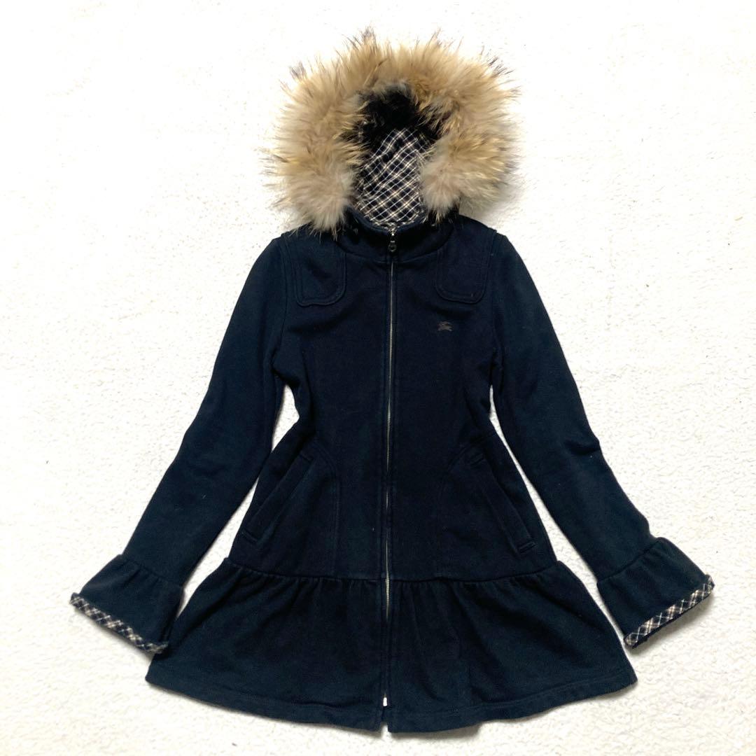 バーバリーブルーレーベル ロングパーカー ファー べプラム ブラック 38