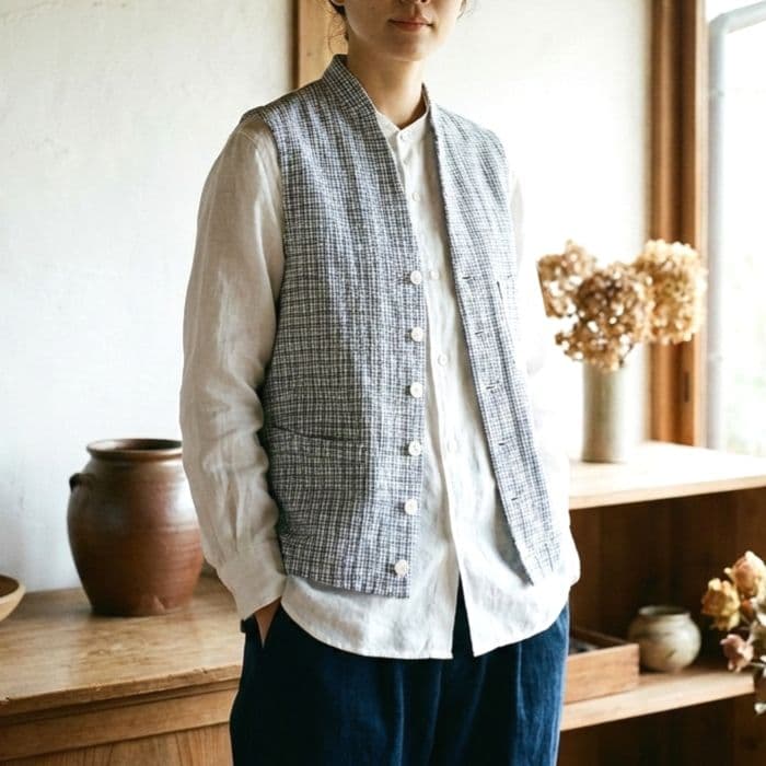 45R コットン リネンツイードの908ベスト 3 ツイード ジレ ベスト