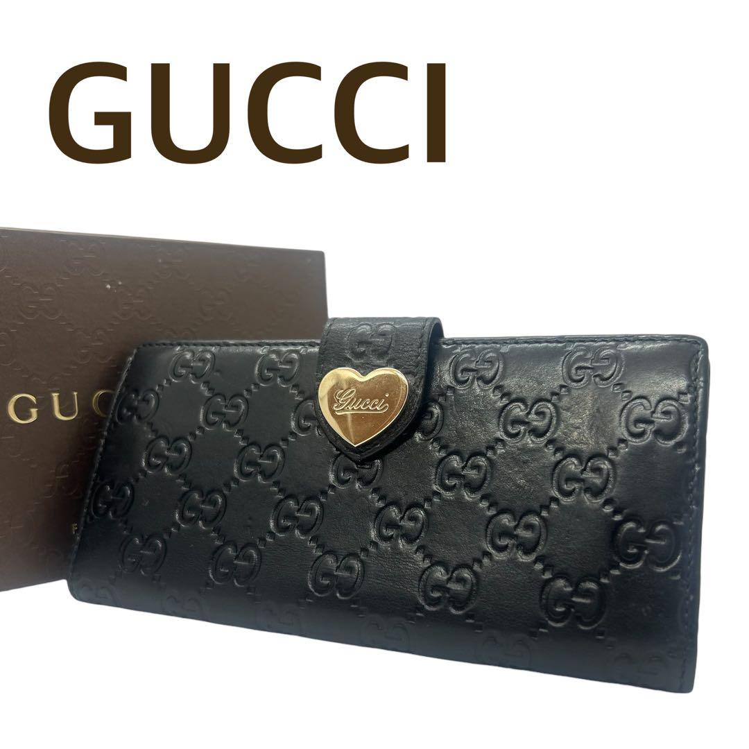 【美品】グッチ 長財布 グッチシマ ラブリーハート Wホック レザー ブラック