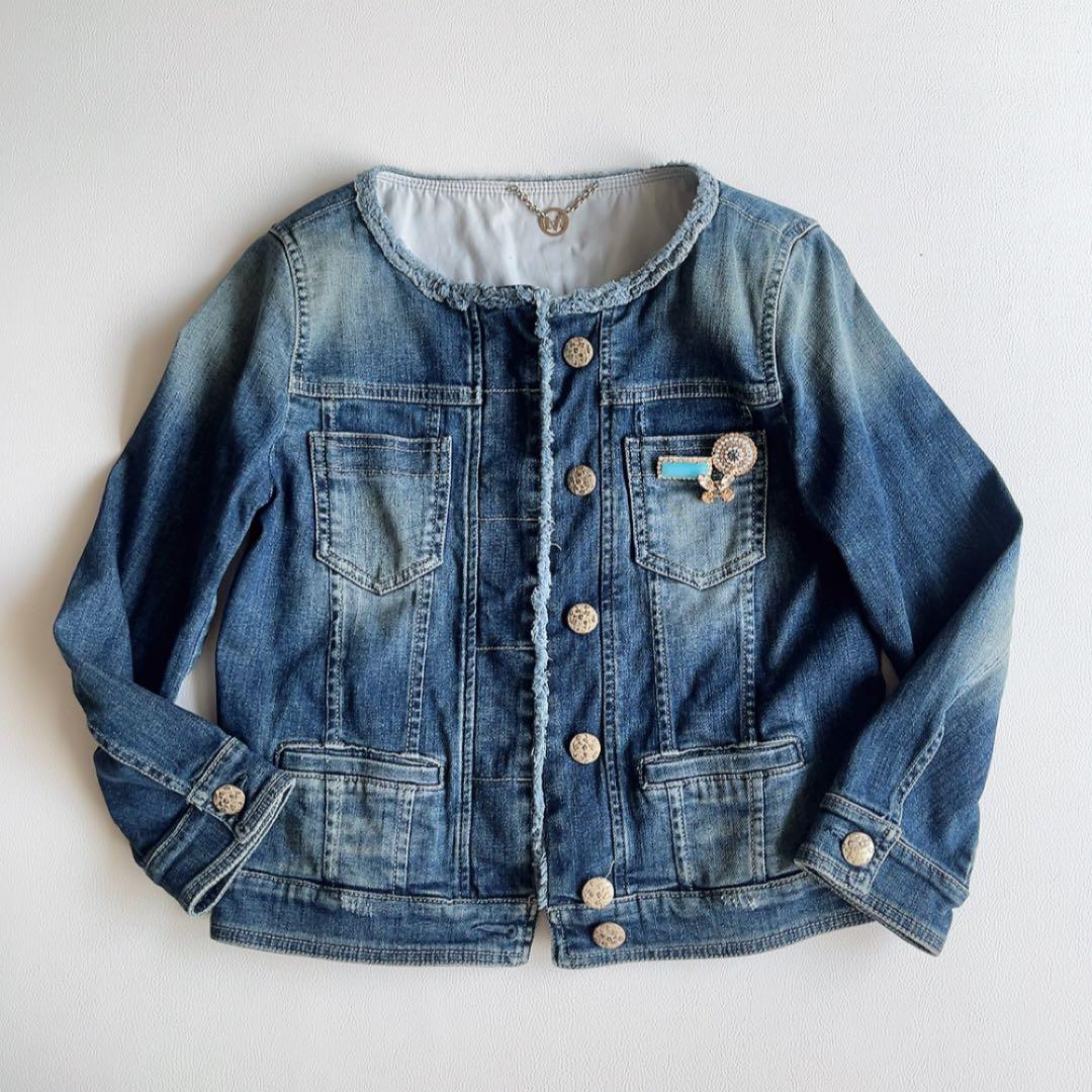 マックスマーラ　デニムジャケット　ブローチ付　ノーカラー　マレーラ　金ボタン