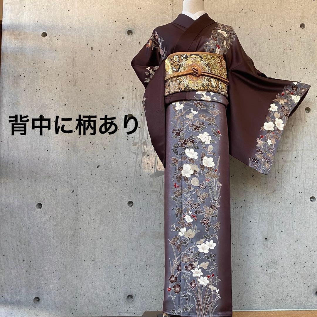 正絹　訪問着　ガード　背中に柄あり　金駒　くすみ紫系　袷