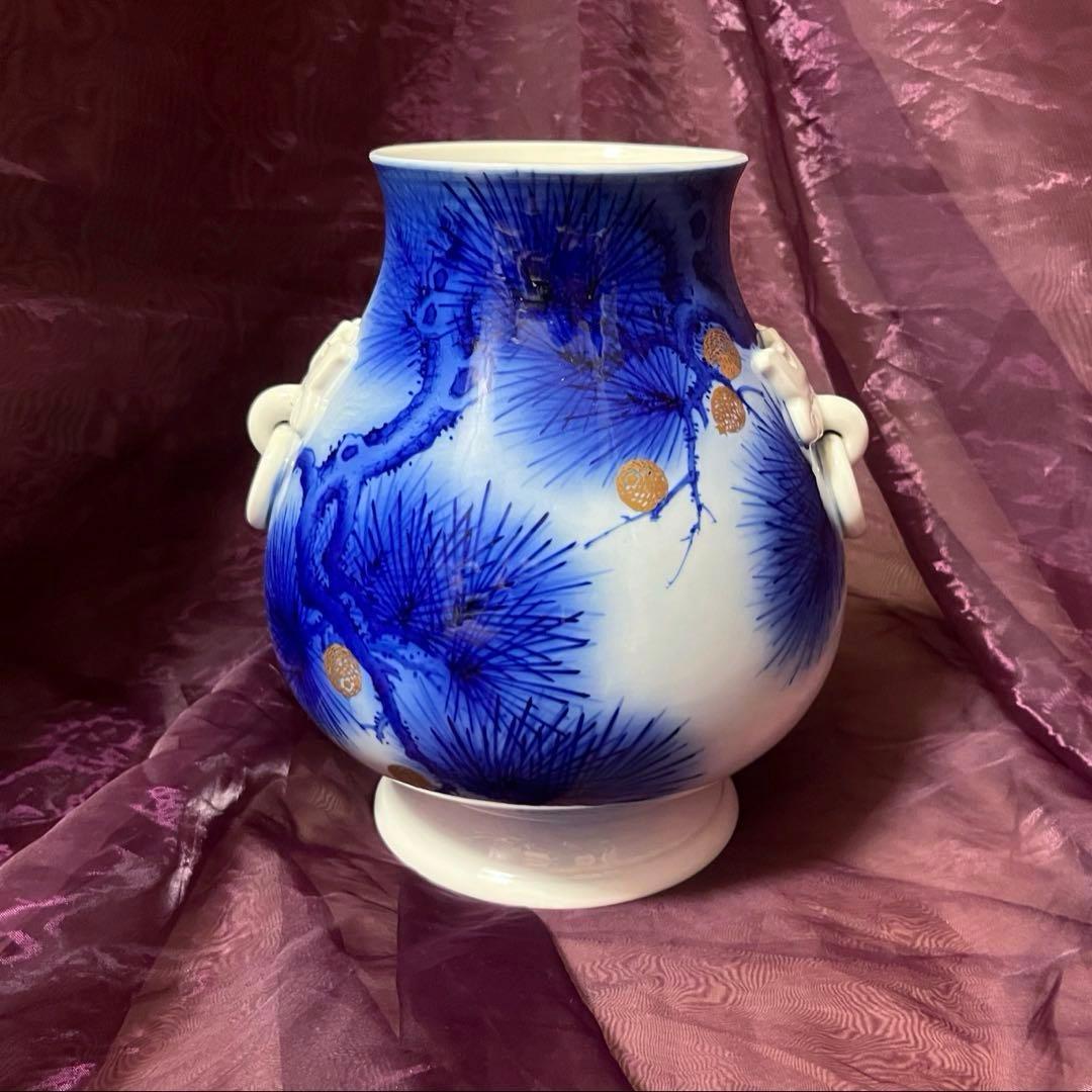 オールド香蘭社　染錦老松紋　耳付き花瓶　花瓶