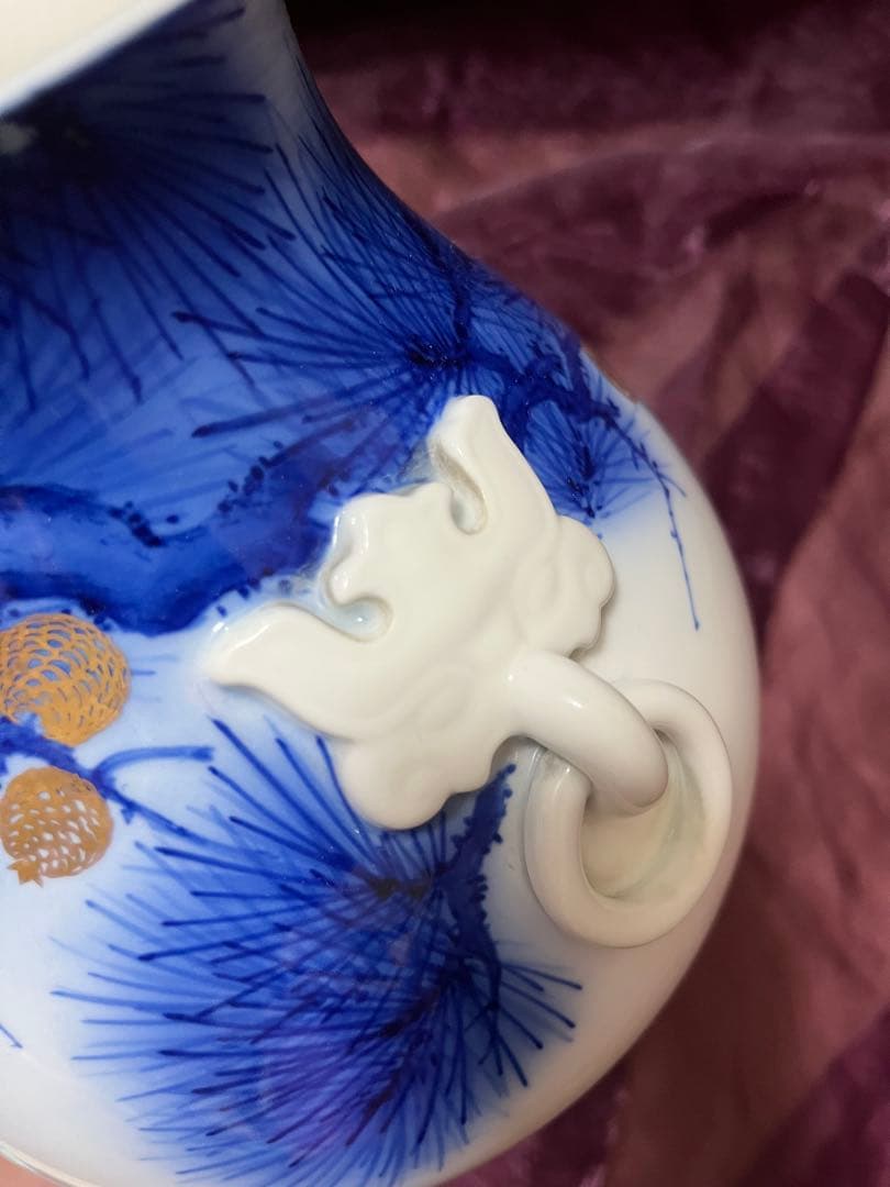 オールド香蘭社　染錦老松紋　耳付き花瓶　花瓶