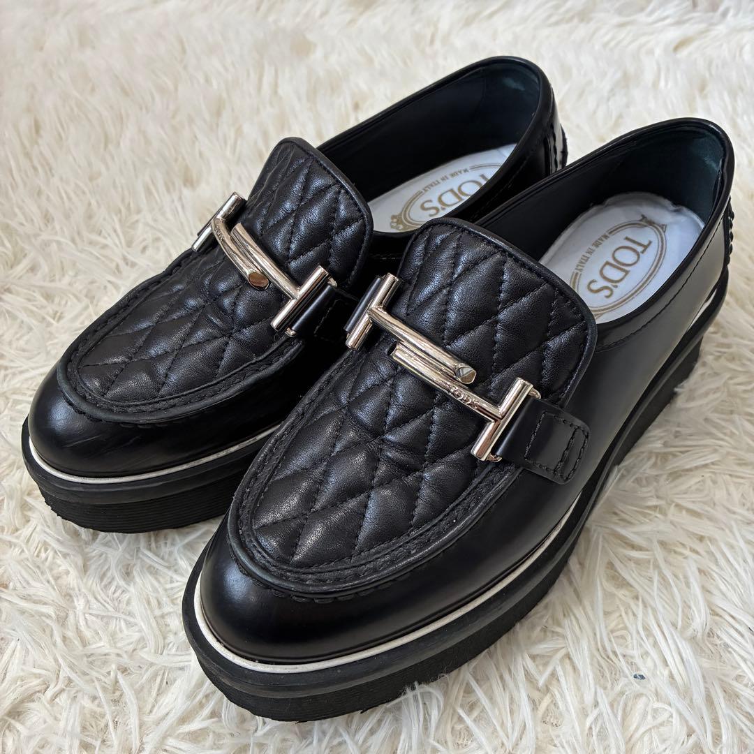 美品✨トッズ 厚底 ローファー ダブルT キルティング ブラック 34