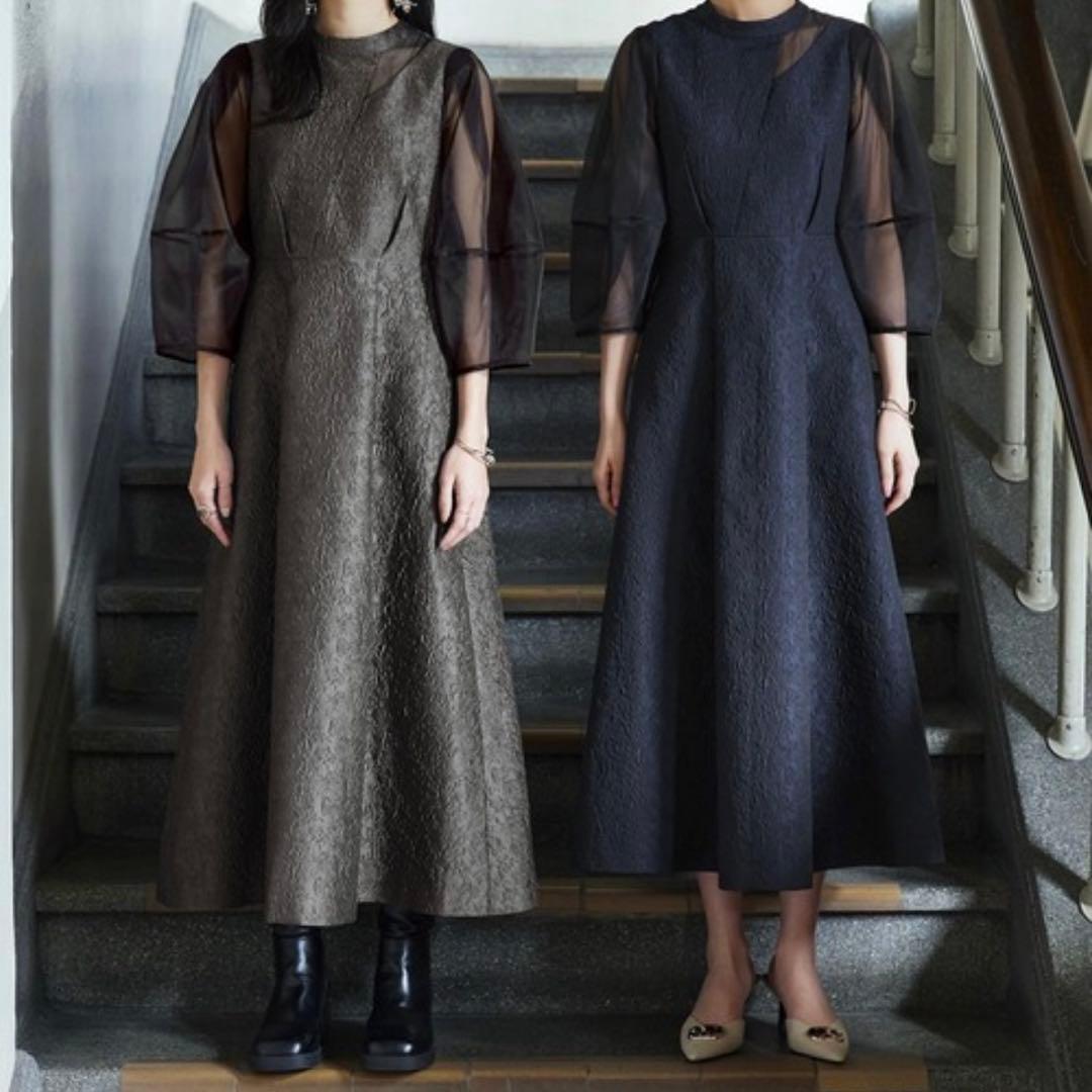 【美品】オケージョンドレス シースルー袖付きダークグレー