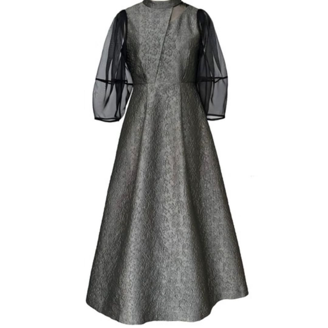 【美品】オケージョンドレス シースルー袖付きダークグレー