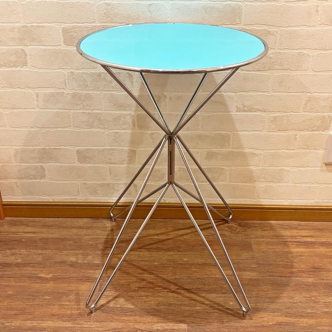 昭和レトロ オシャレ 水色円形サイドテーブル