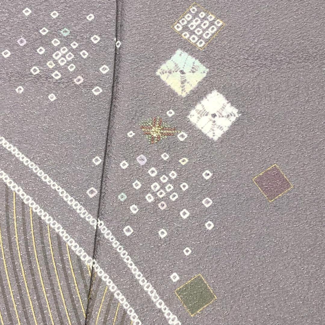 MK-1532 付下げ 絞り 刺繍 菱形 美しい曲線模様 紫鼠色 しつけ糸