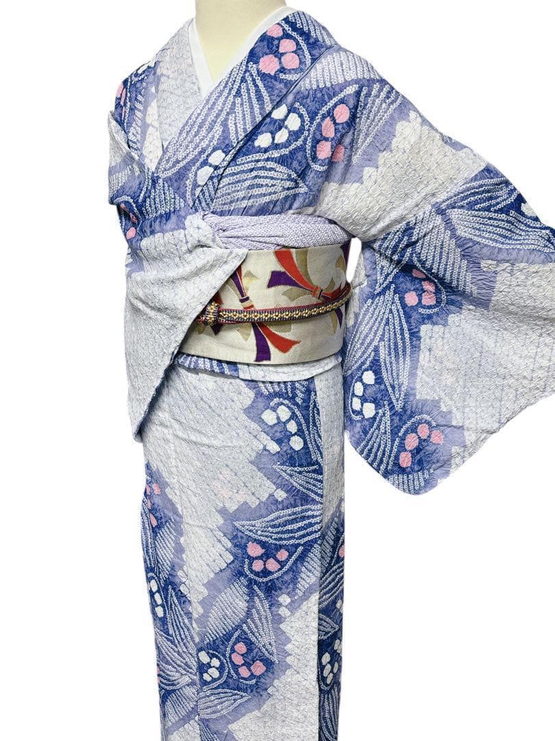 A57美品　有松鳴海絞り 高級浴衣 花 綿　敷当付き　手縫い