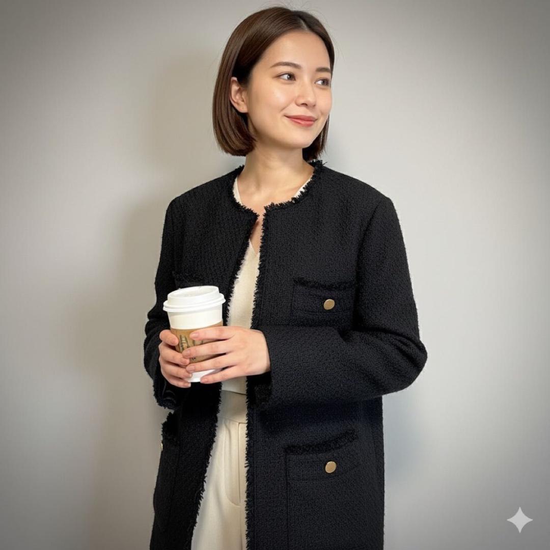 B:MING by BEAMS　ツイード M 黒 ノーカラ- フリンジ 金ボタン