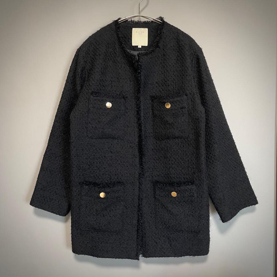 B:MING by BEAMS　ツイード M 黒 ノーカラ- フリンジ 金ボタン