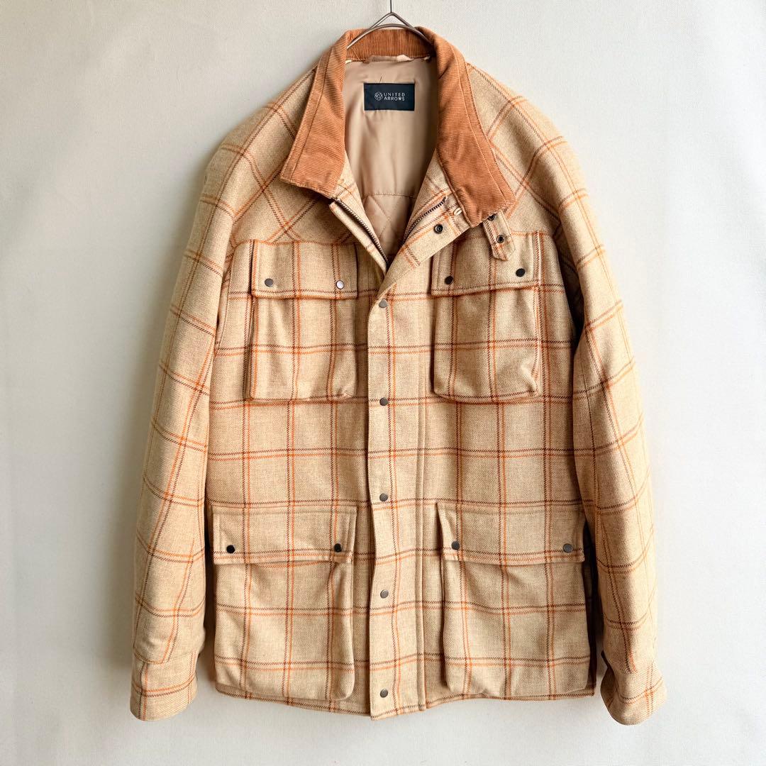 美品　ユナイテッドアローズ　ハンタージャケット　チェック　ウール　襟コーデュロイ