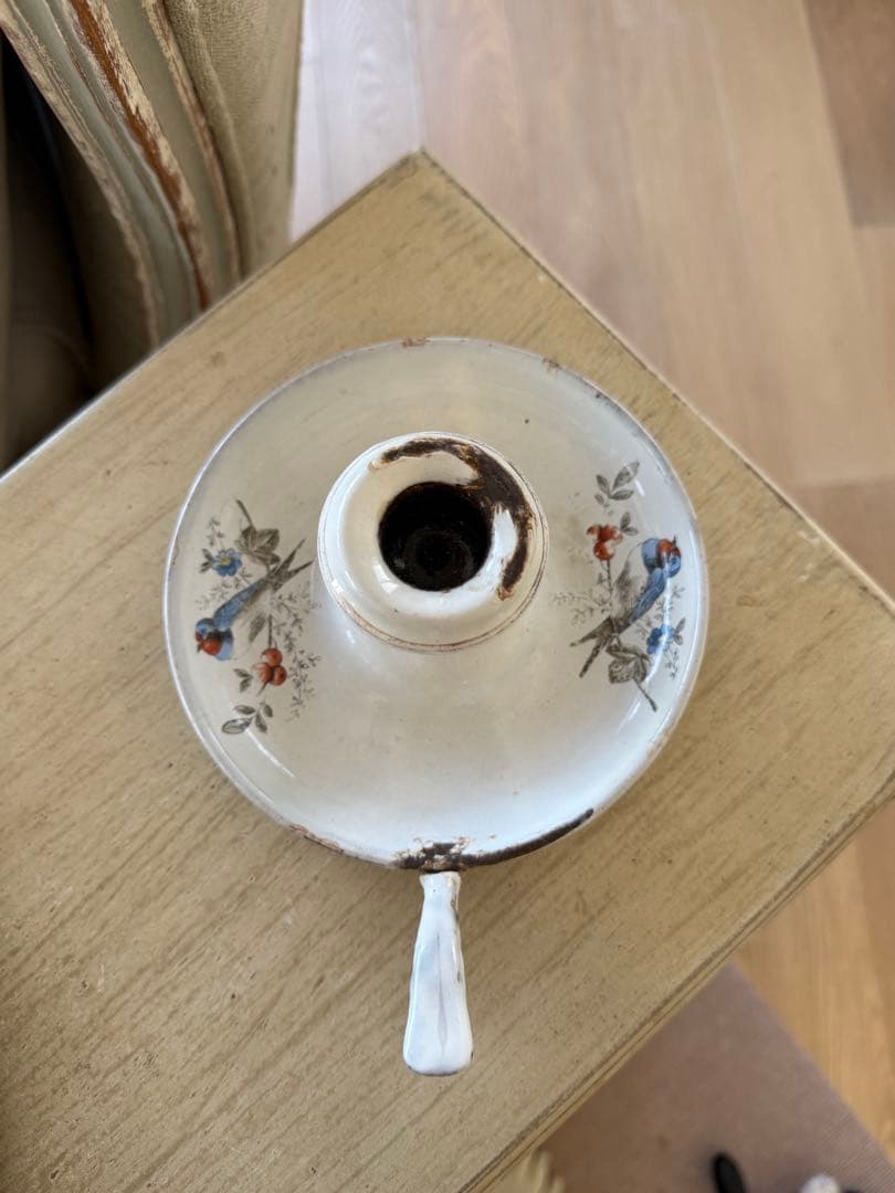 激レアフランスアンティーク花とツバメのハンドペイントのホーローキャンドルホルダー