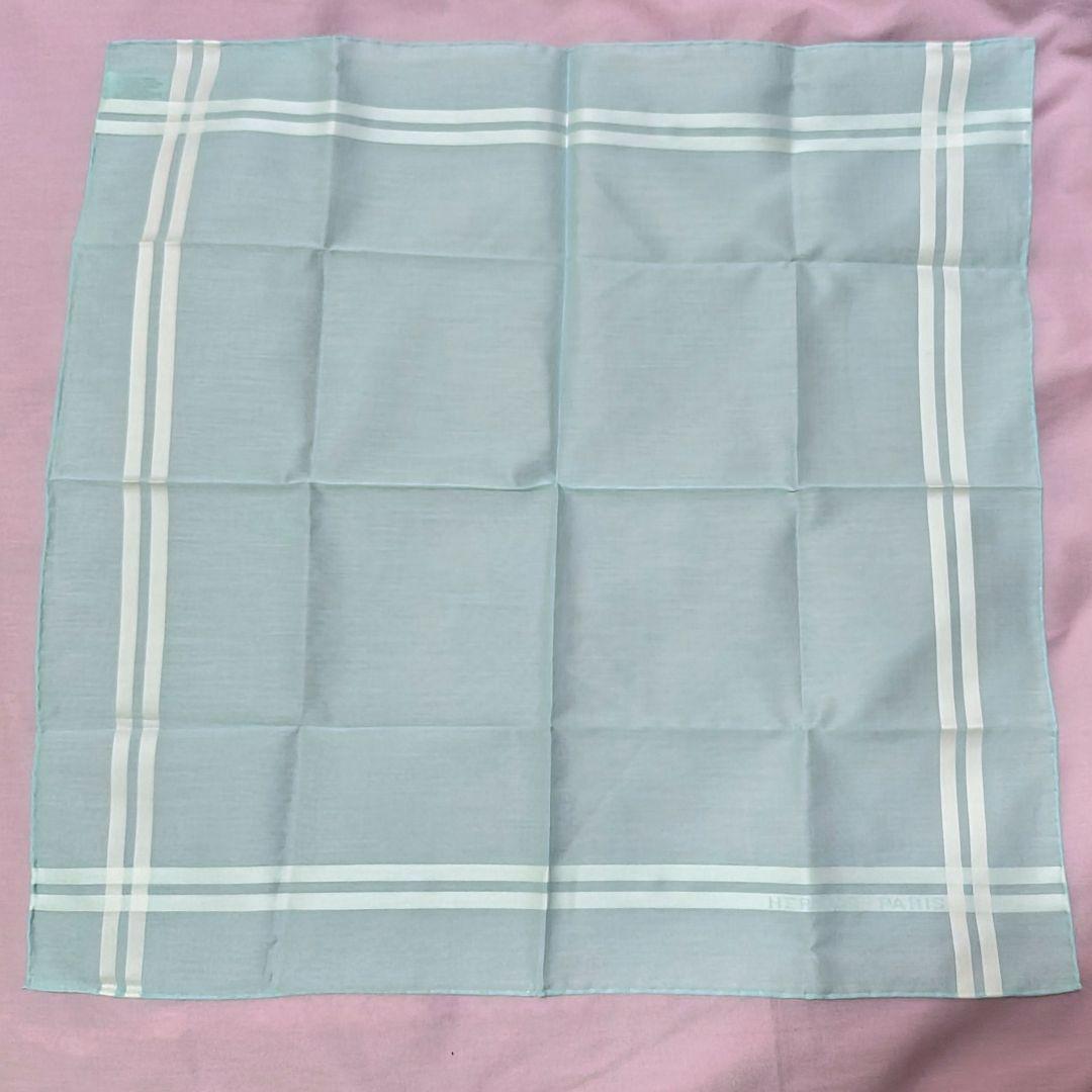 【未使用品】HERMES 水色 ストライプ ハンカチ ジャガード ドゥ H