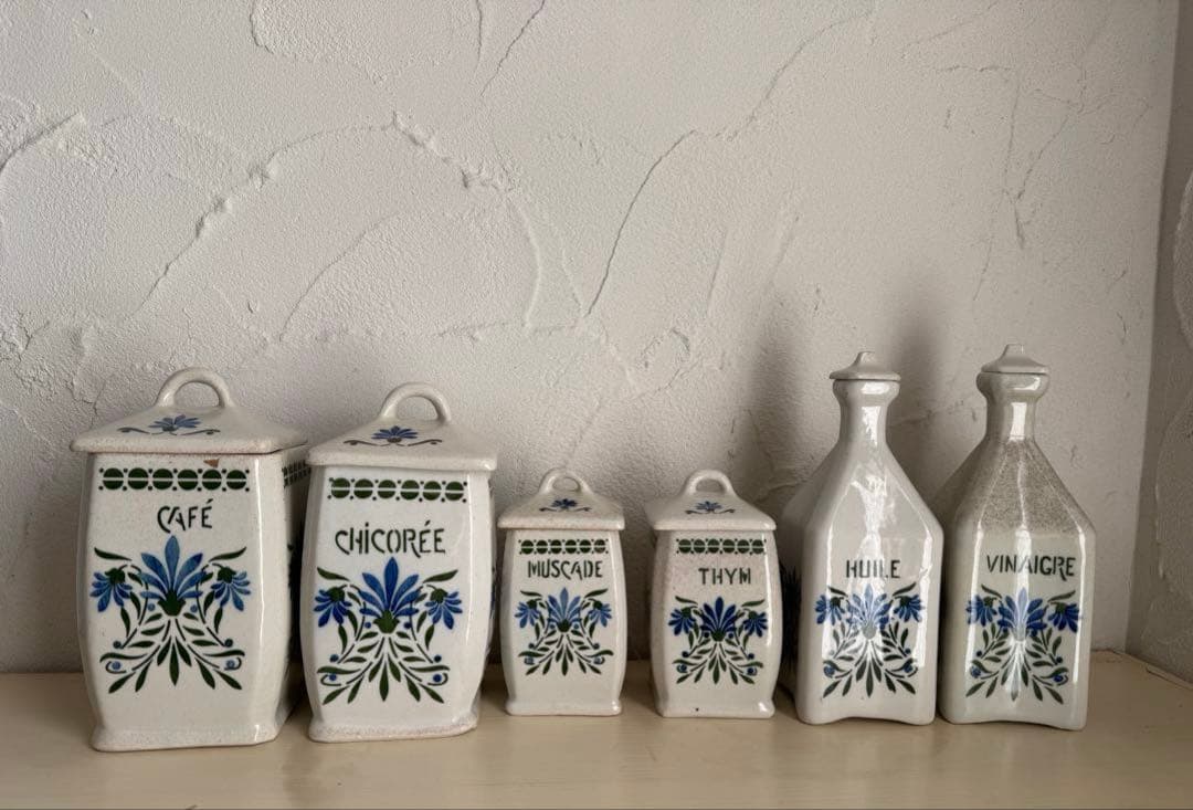 フランスアンティーク　陶器の花柄キャニスター6点セット