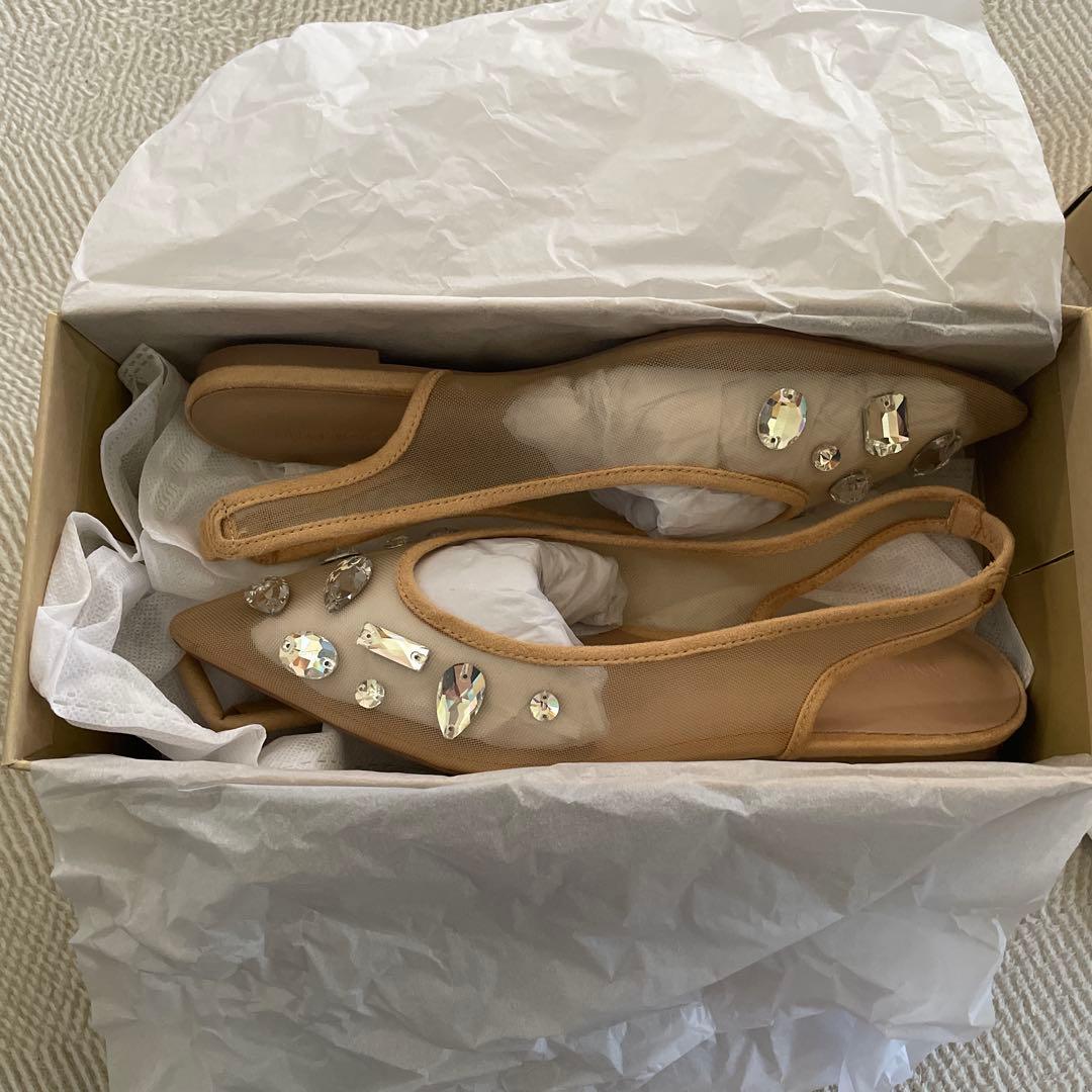 【新品未使用】TULLEビジューバックストラップミュール　ベージュ/クリア　M