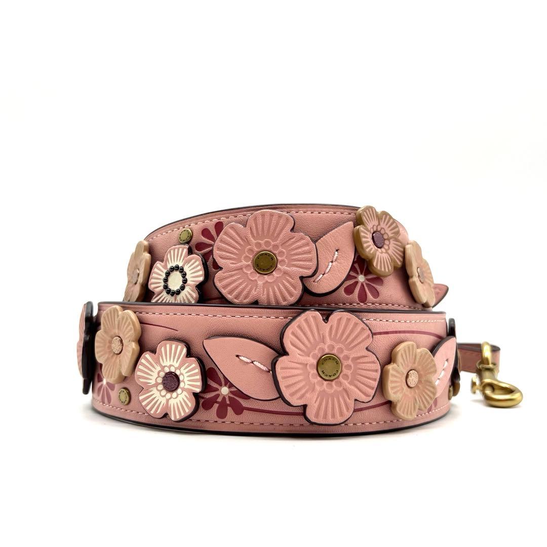 極美品✨コーチ　ショルダーストラップ　ティーローズ　ピンク　レザー　フラワー