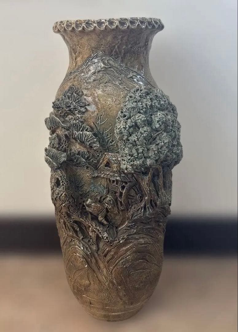 中国美術　彫刻 陶器製　置物　中国古玩美術 花瓶 山水画 焼き物 高さ49センチ