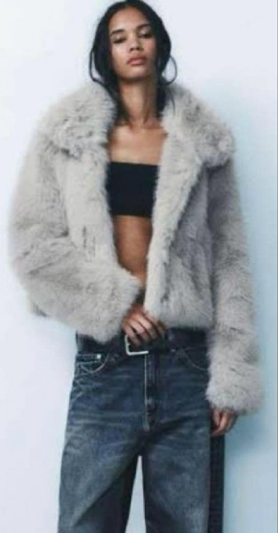 ZARA ザラ フェイクファーショートコート パールグレー M