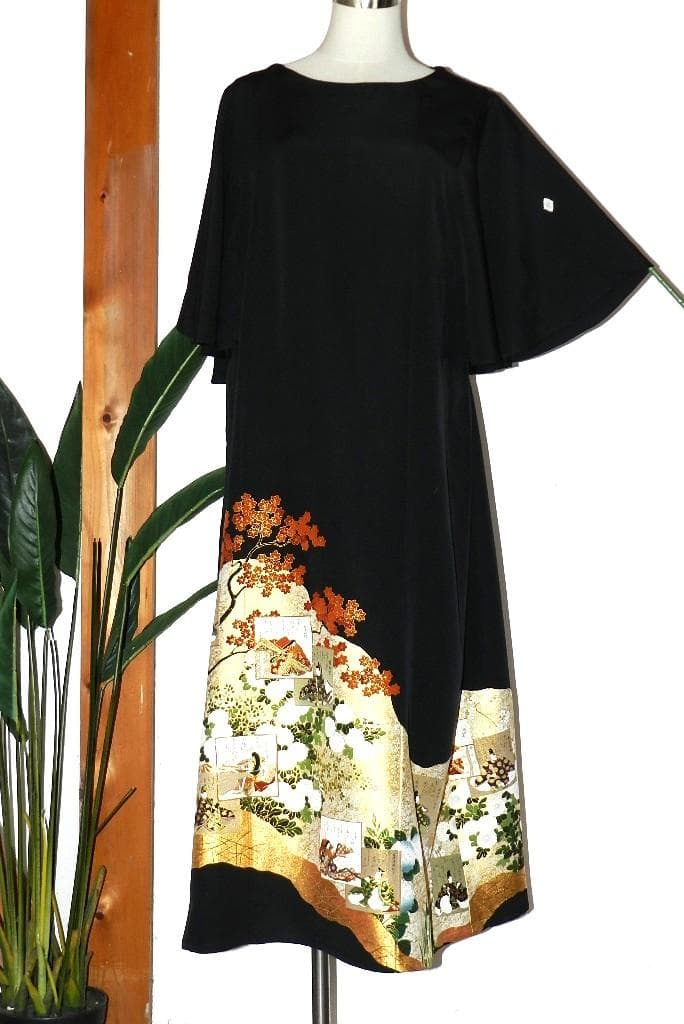 留袖　ワンピース　ドレス　フレアー袖　逸品　百人一首　正絹　482　夢ちりめん