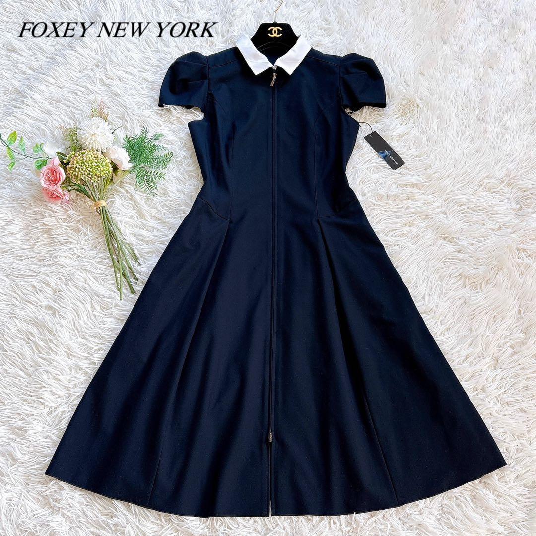 美品✨ フォクシーニューヨーク 付け襟 パフスリーブ ワンピース 濃紺 38