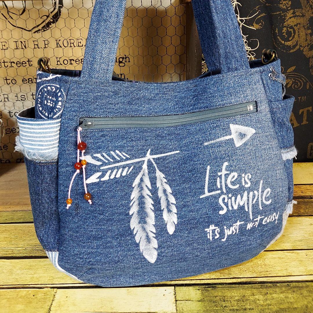 【Kura】刺繍デニムバック　No.650　デニムリメイク　刺繍バック