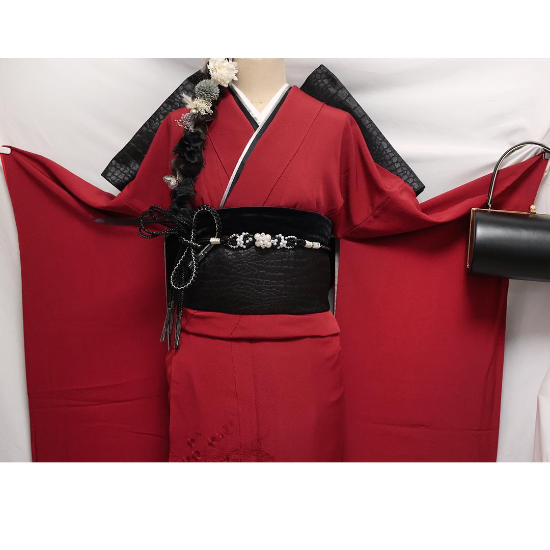 ◆振袖セット ◆刺繍入り色無地丈157cm赤系フルセット35Ao