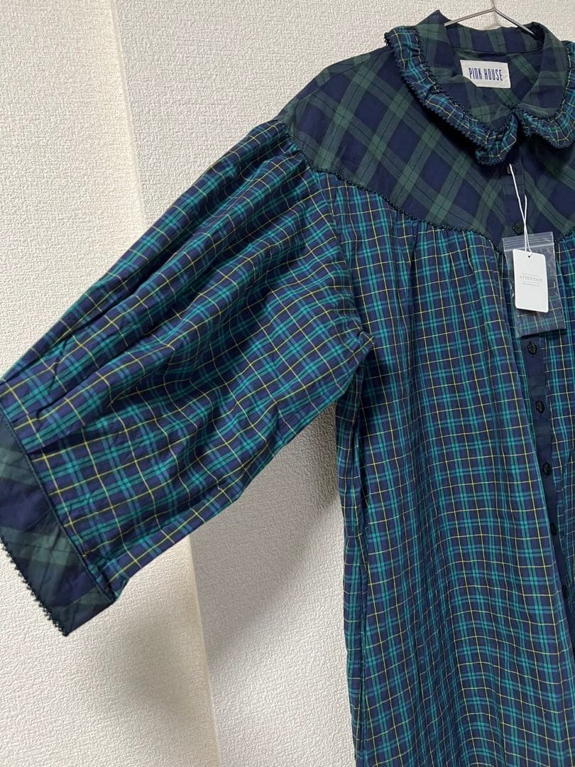 PINK HOUSE ロングワンピース チェック ピコフリル 半袖