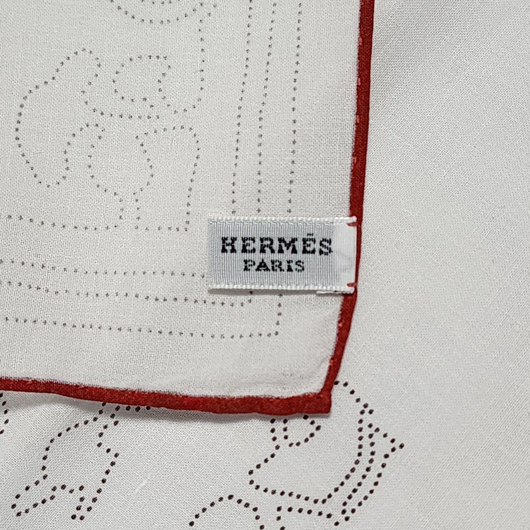 ☆HERMES☆ ハンカチ 馬車 木 家 点描 綿100％ ホワイト レッド