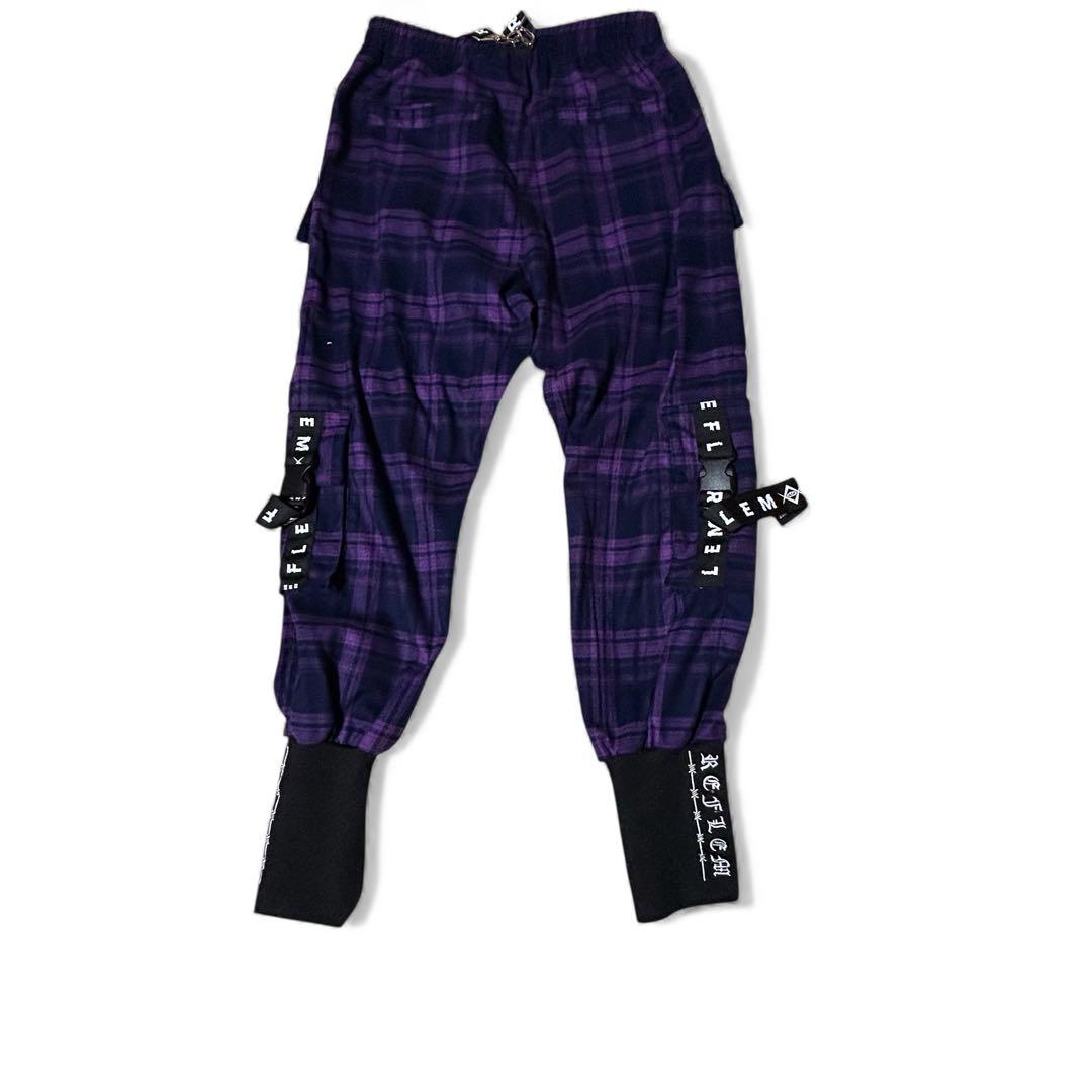 即完品✨REFLEM ハーネスロゴベルトカーゴパンツ パープルチェック FREE