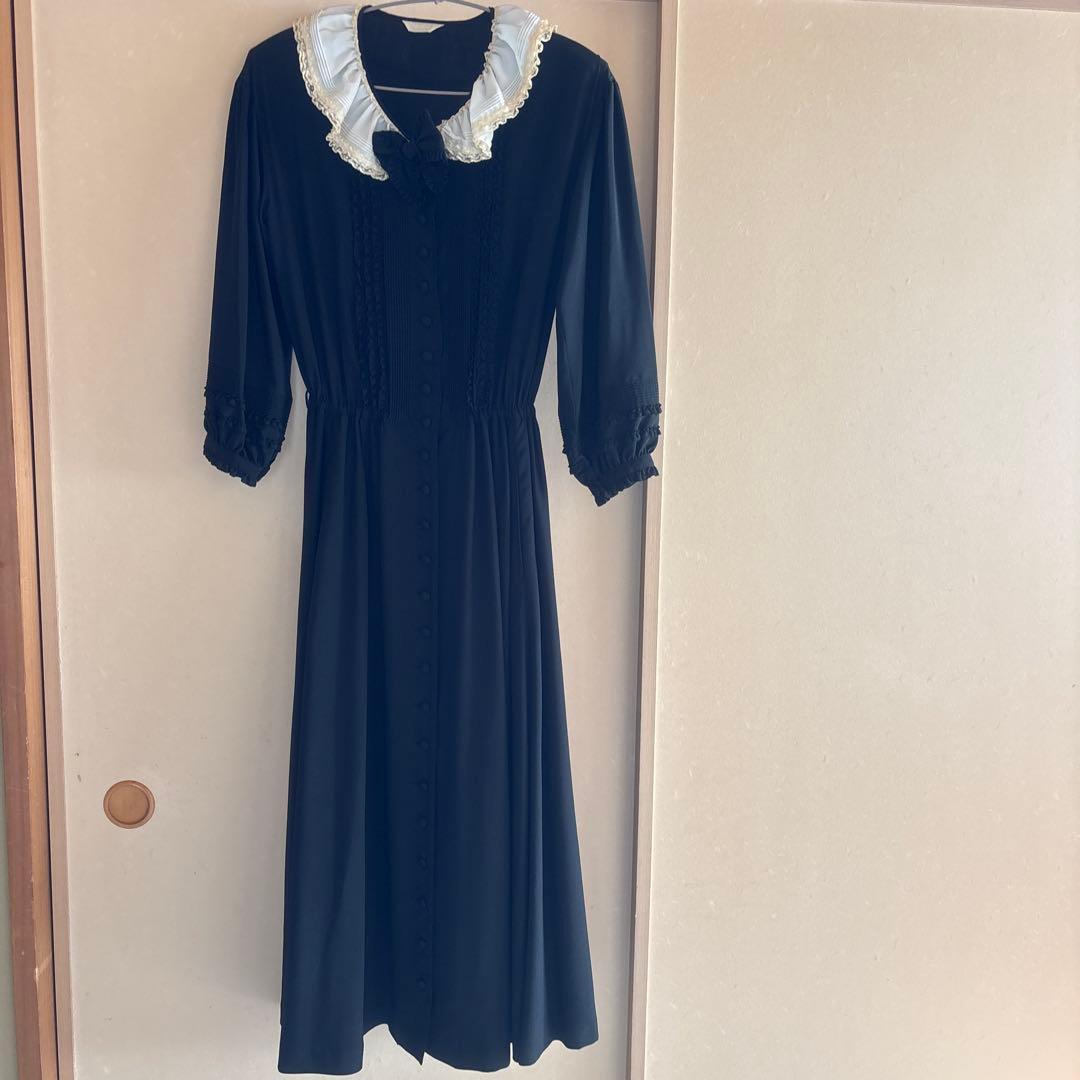 PINK HOUSE フリル襟 黒ロングワンピース