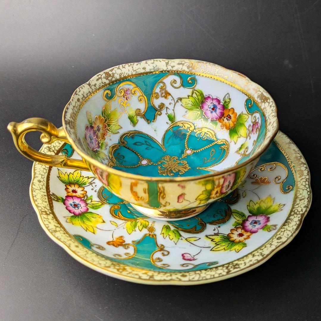 里帰り★佐治貿易 金彩金盛上草華紋様 ターコイズ カップソーサー