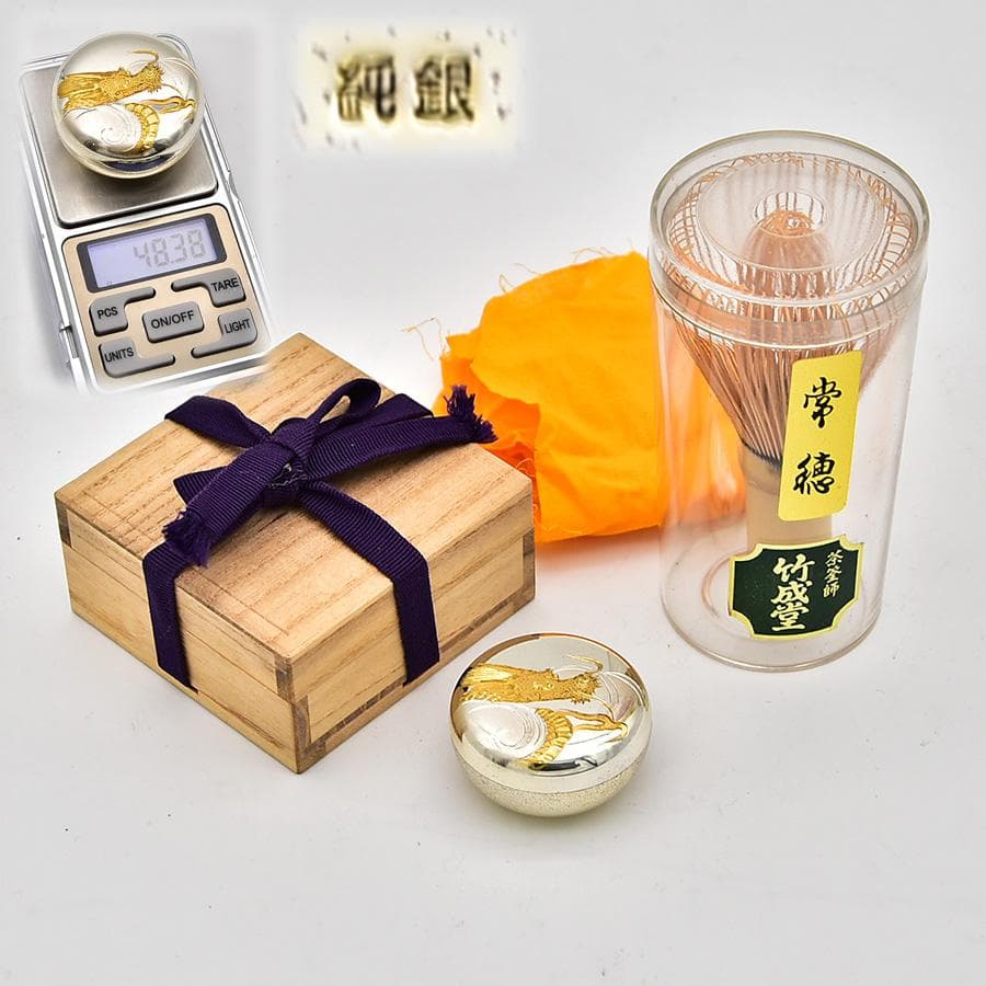 美品 純銀 ボンボニエール 香合 金象嵌 刻印 龍文様 辰 龍神様 共箱 48g
