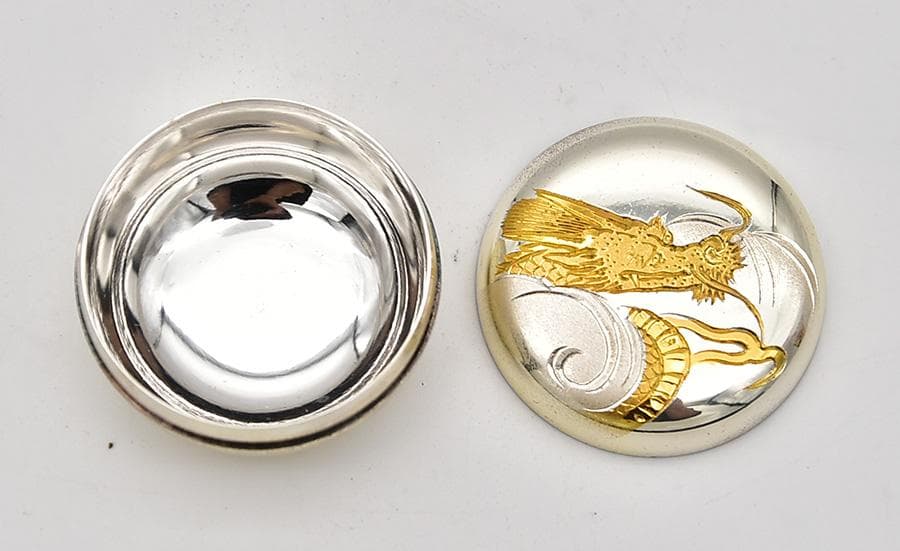 美品 純銀 ボンボニエール 香合 金象嵌 刻印 龍文様 辰 龍神様 共箱 48g