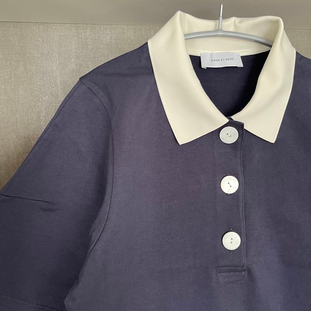 新品★アダムエロペ　コクーンスリーブポロシャツ　ネイビー×ホワイト　半袖　襟付き