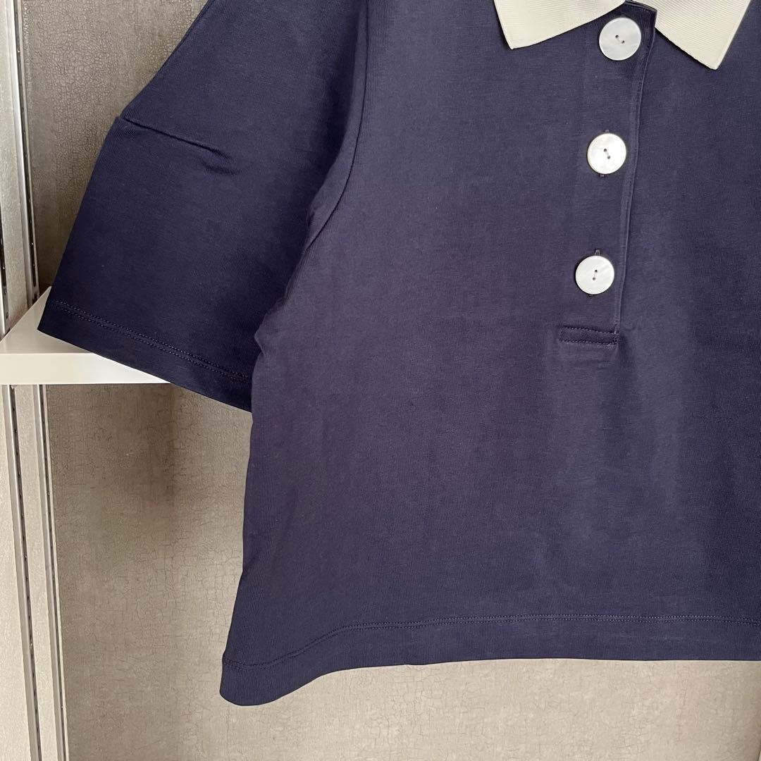 新品★アダムエロペ　コクーンスリーブポロシャツ　ネイビー×ホワイト　半袖　襟付き